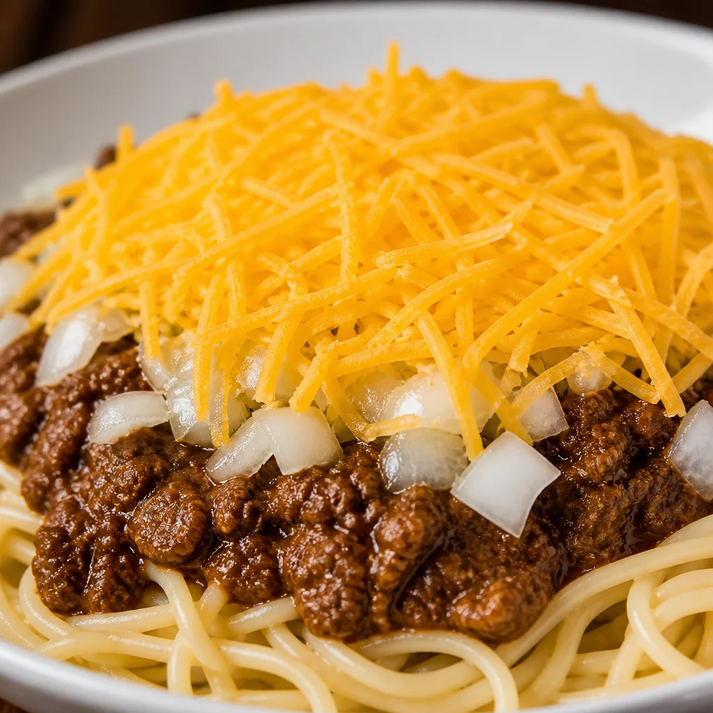 A delicious plate of Cincinnati Chili served over spaghetti with cheese and onions.