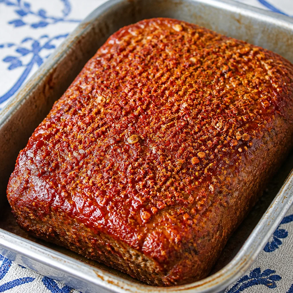 Tender and juicy classic meatloaf with a sweet ketchup glaze served on a plate.