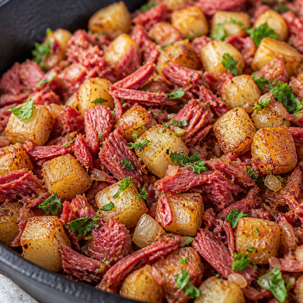 Crispy corned beef hash made with golden potatoes and sautéed onions.