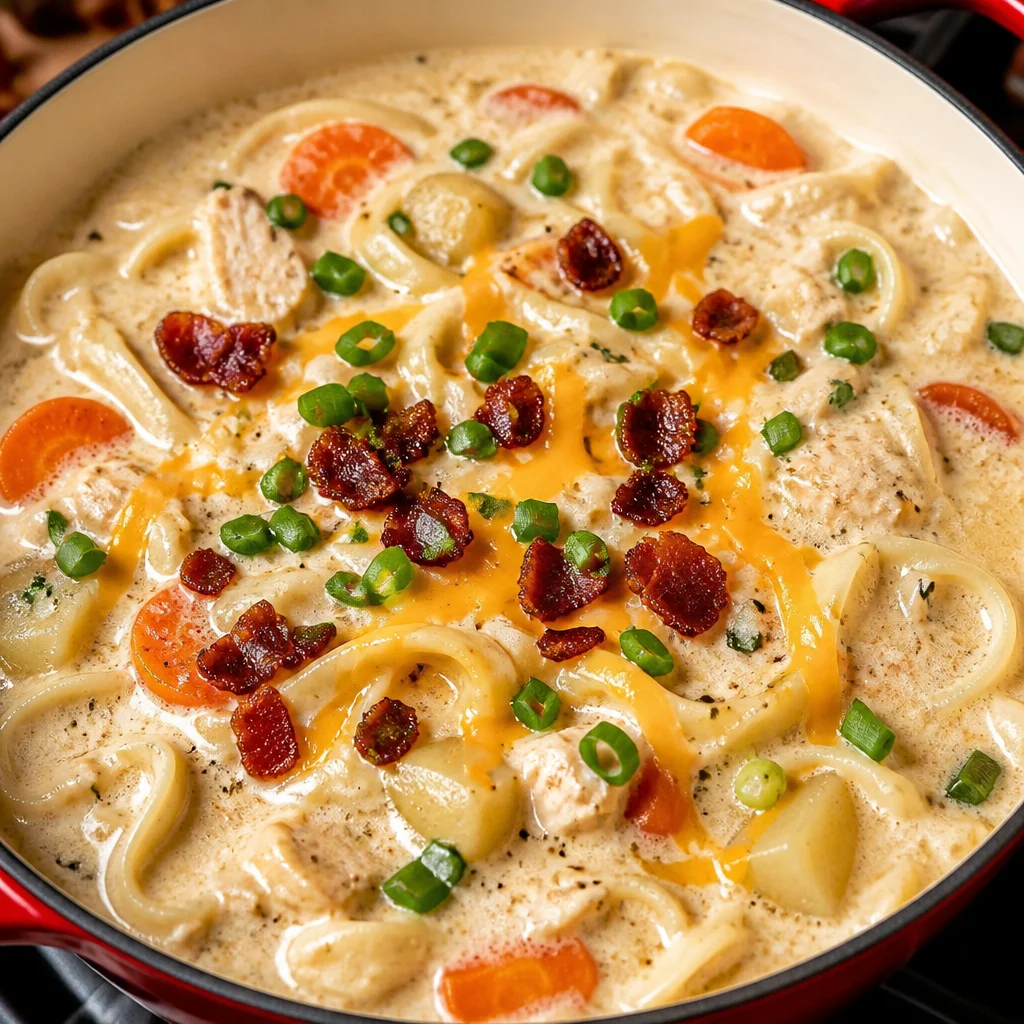 Bowl of creamy Crack Chicken Noodle Soup garnished with bacon and herbs