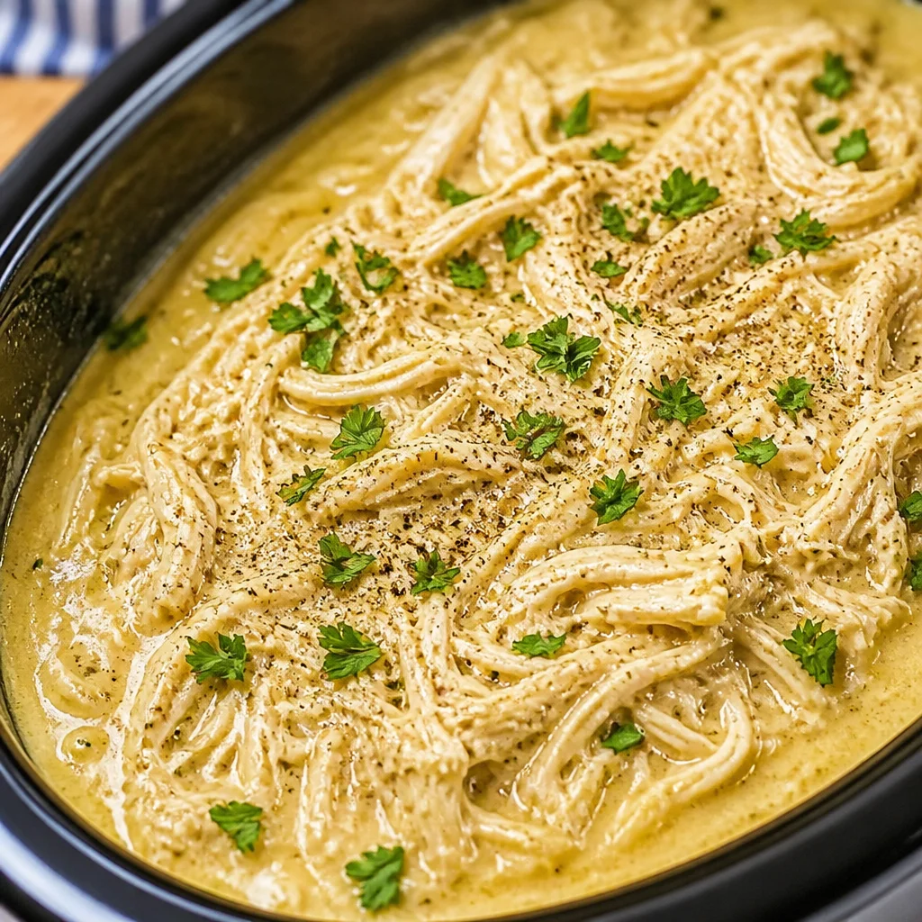 Crockpot Chicken and Gravy served over a bed of fluffy rice.