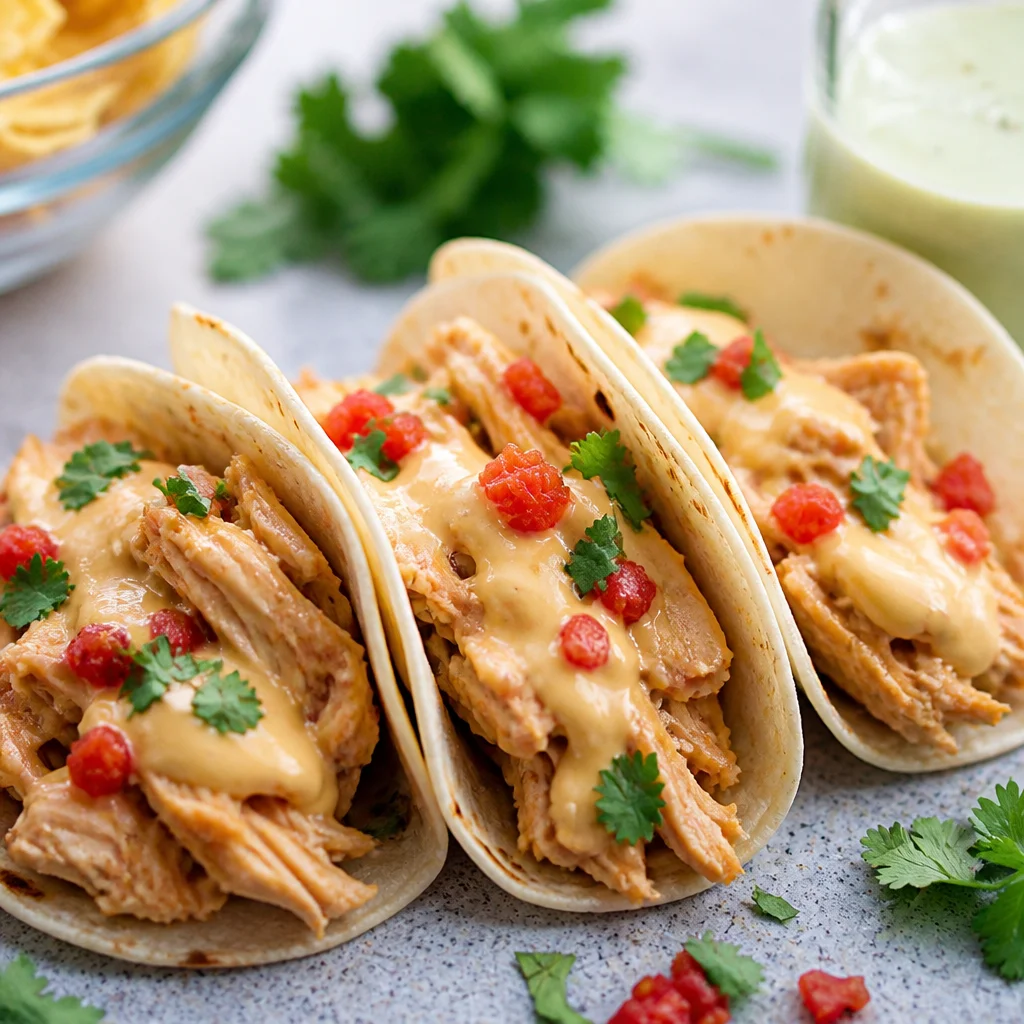 Crockpot Queso Chicken served in tortilla with toppings, easy slow cooker meal.