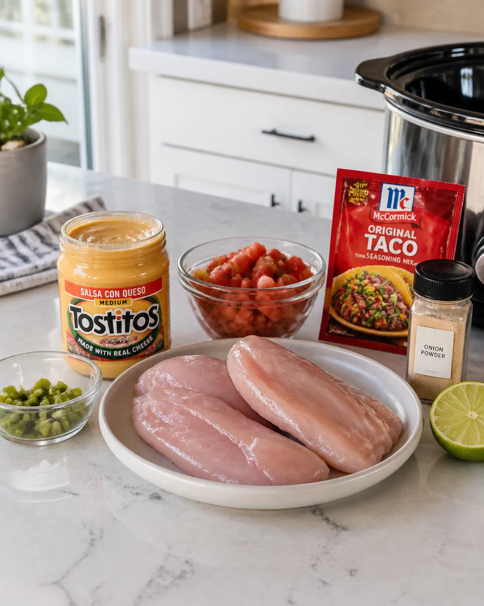 Crockpot Queso Chicken — Easy Slow Cooker Taco Filling