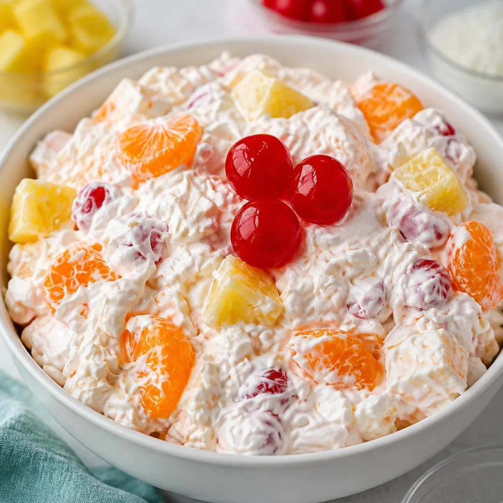 Easy Ambrosia Salad with Cool Whip, marshmallows, and tropical fruits.