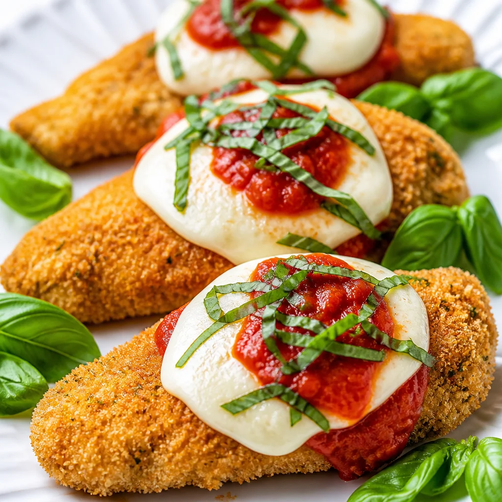Crispy baked chicken Parmesan served with marinara sauce and melted cheese