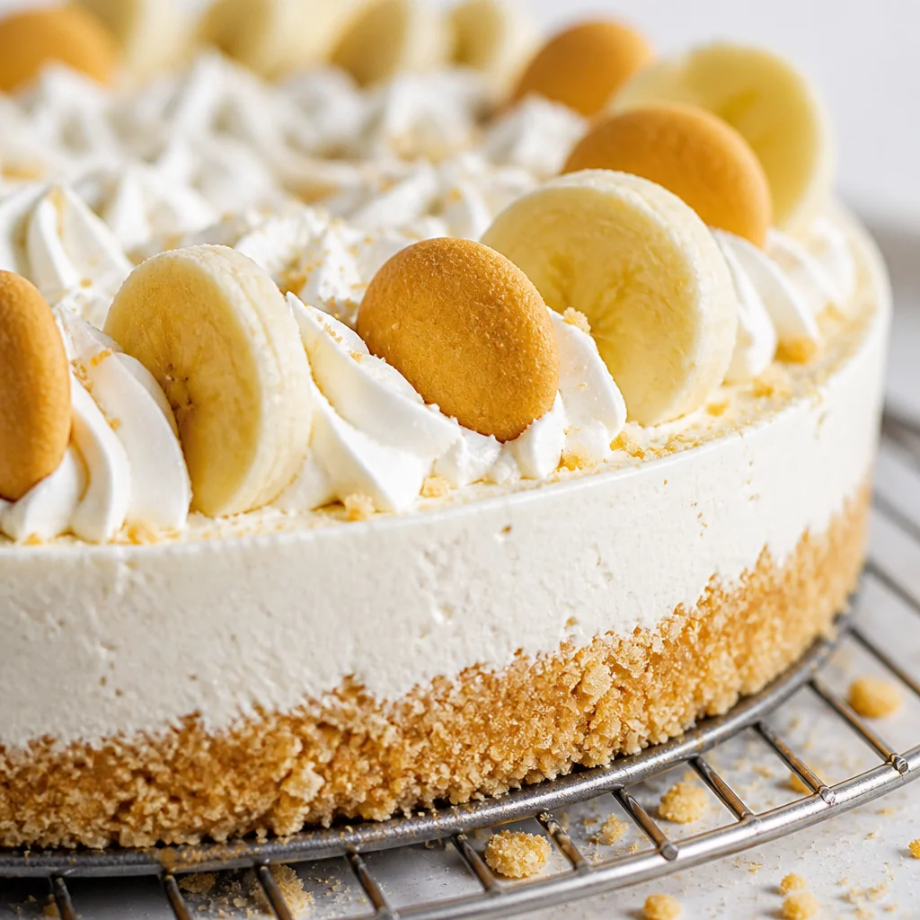 No bake Easy Banana Pudding Cheesecake with vanilla wafers and banana slices on top.