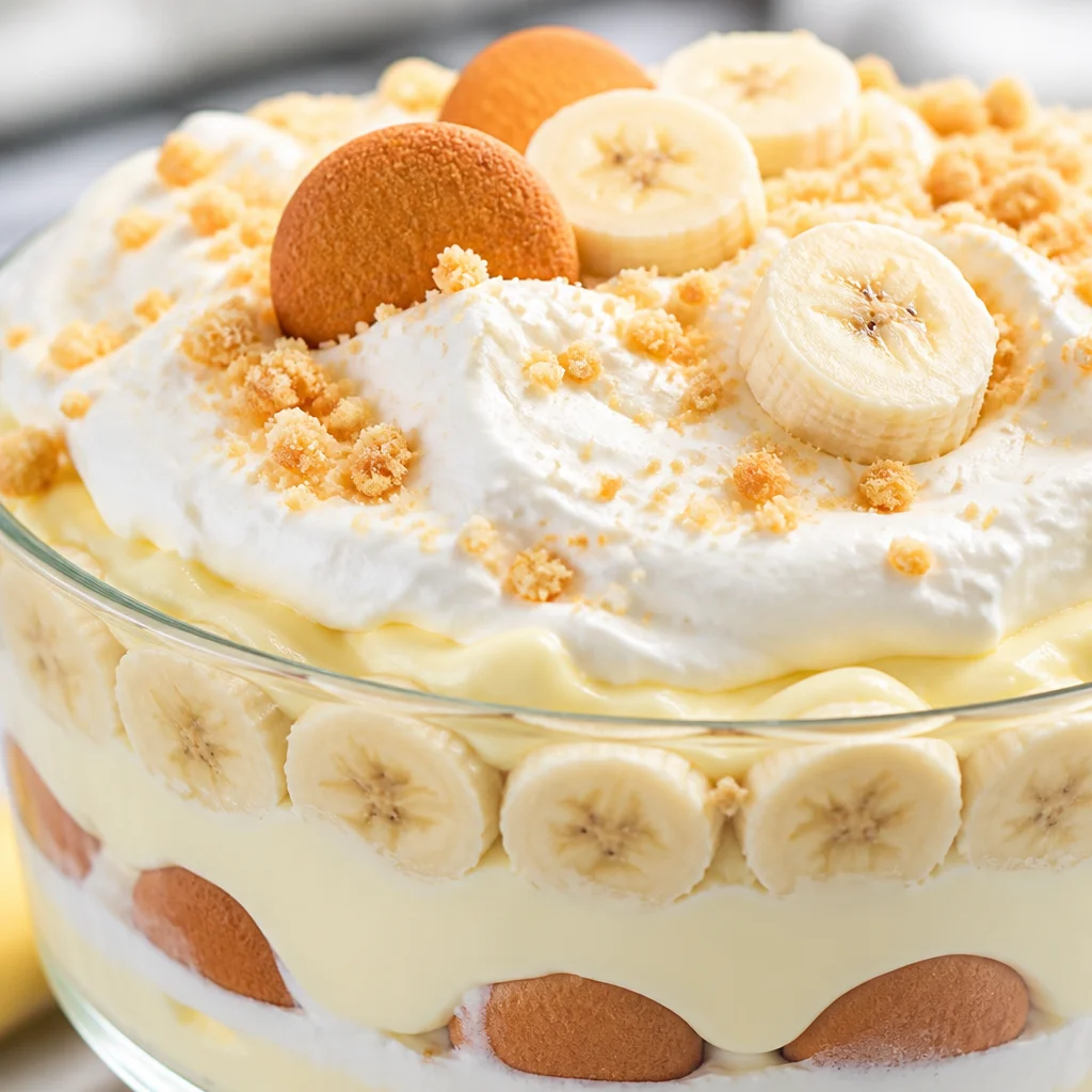 Layered Easy Banana Pudding Trifle with vanilla wafers, bananas, and cream pudding.