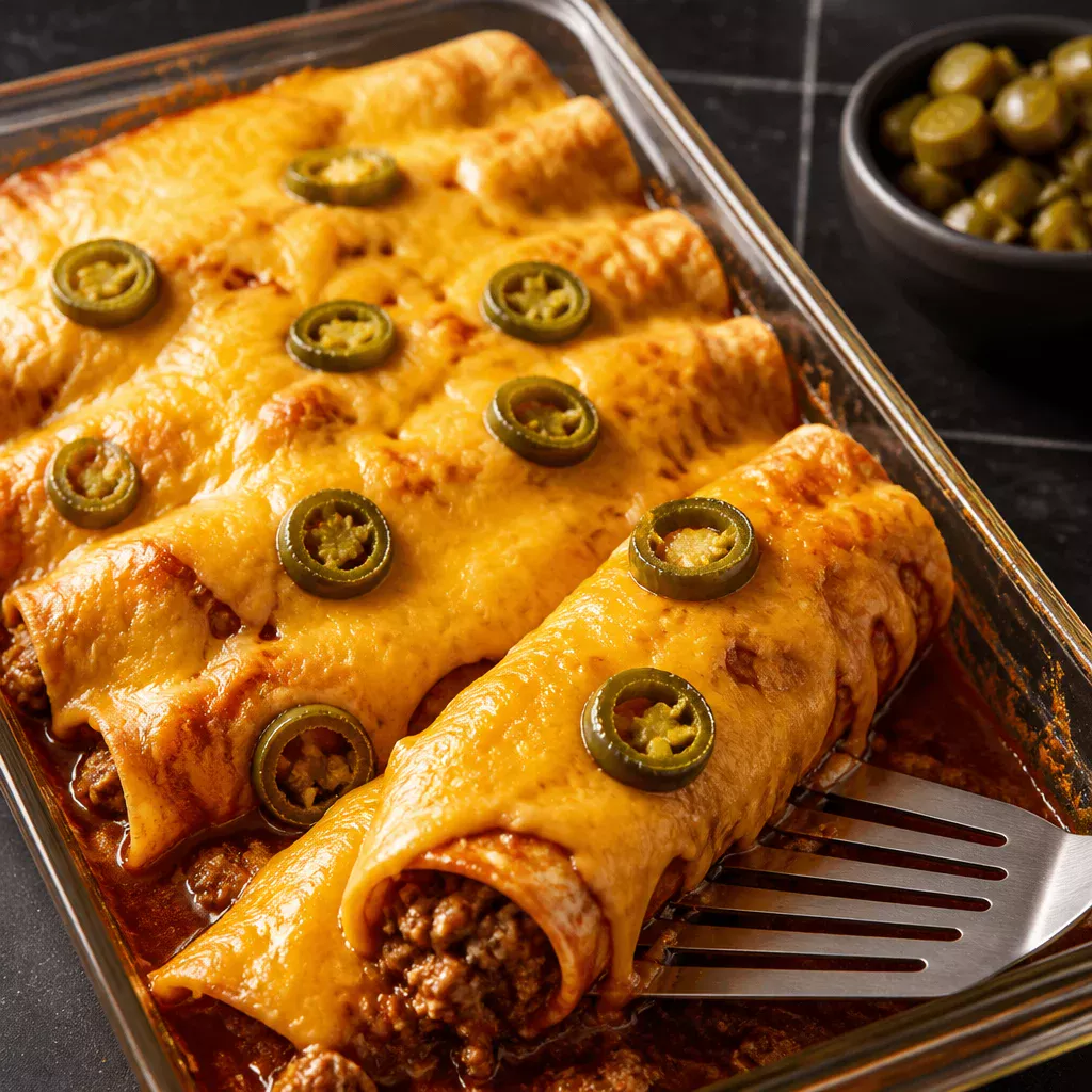 Easy Beef Enchiladas topped with cheese and enchilada sauce, served on a plate.