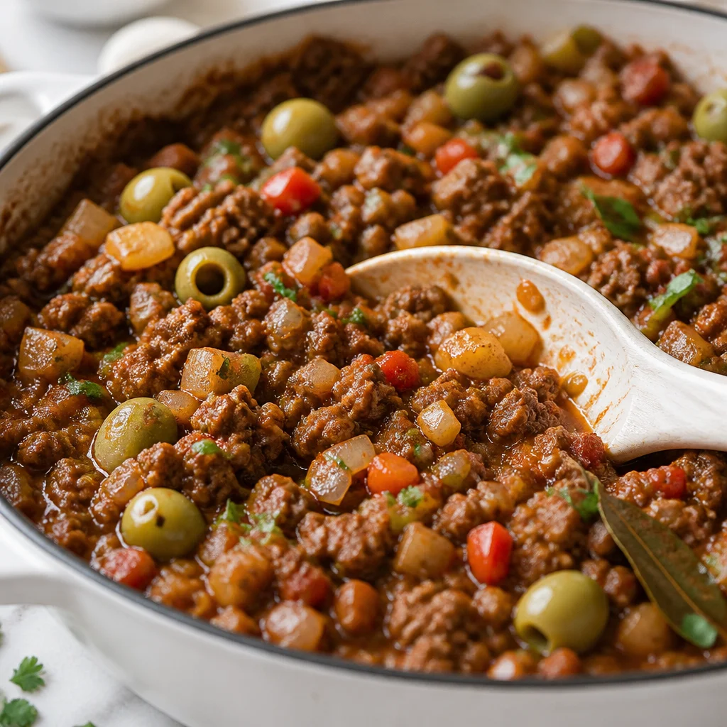 Bowl of Easy Beef Picadillo with Cuban spices, olives, and rice.