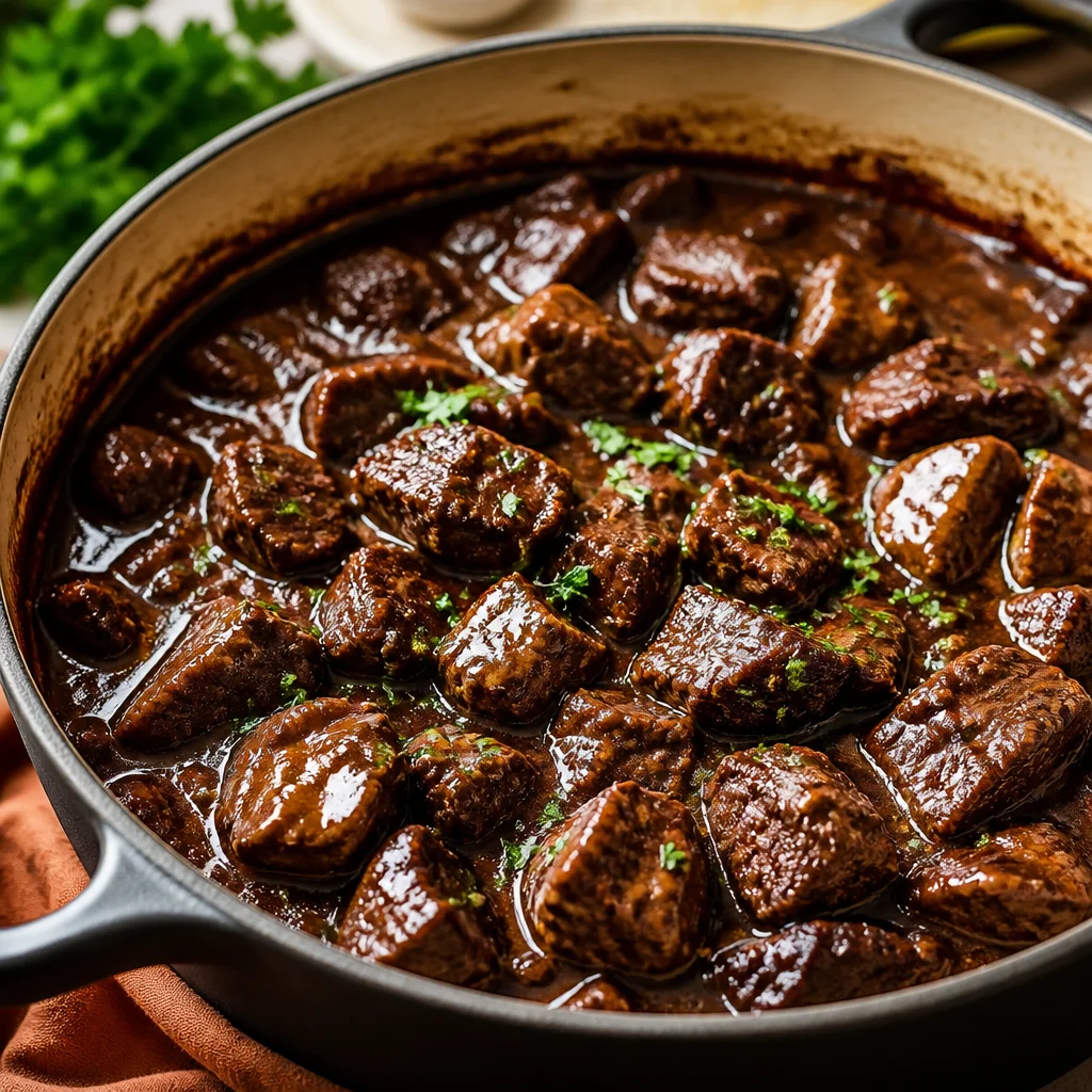 Tender stovetop sirloin beef tips smothered in rich brown gravy on a plate.