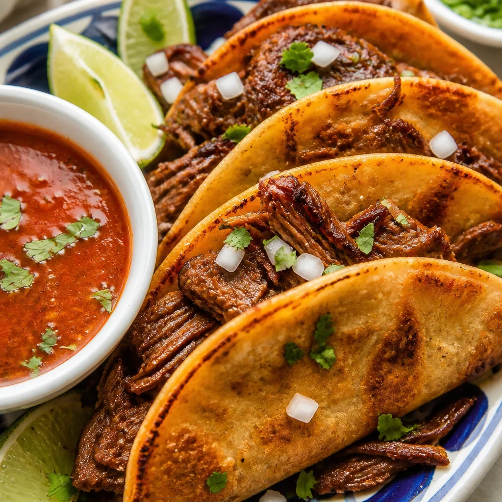 Slow cooker Easy Birria Tacos filled with shredded beef and served with consomé.