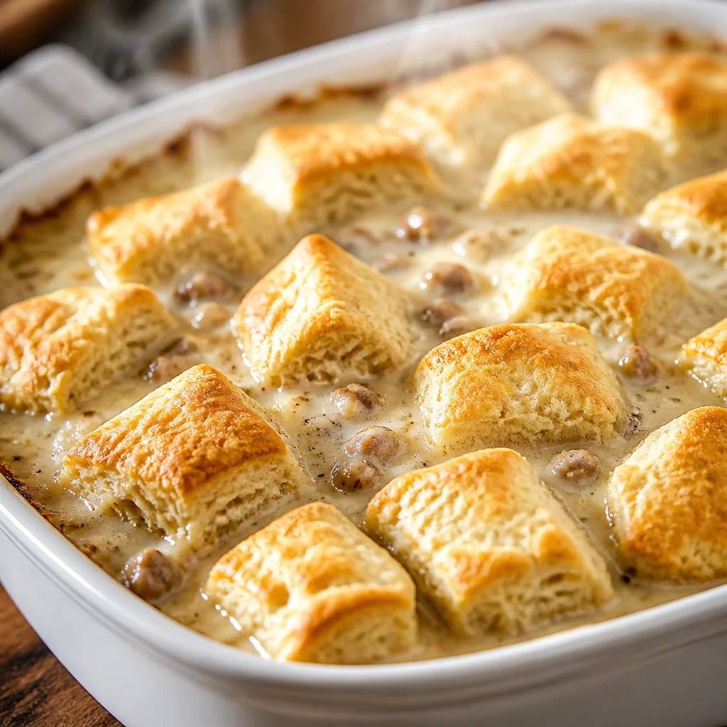 Delicious Easy Biscuits and Gravy Casserole topped with sausage and cheese.