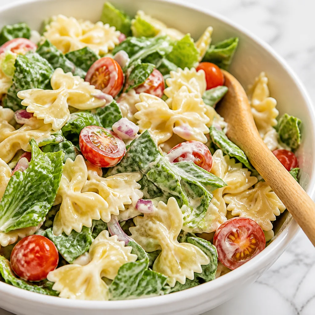 Easy BLT Pasta Salad with bacon, lettuce, tomatoes, and creamy dressing served in a bowl.