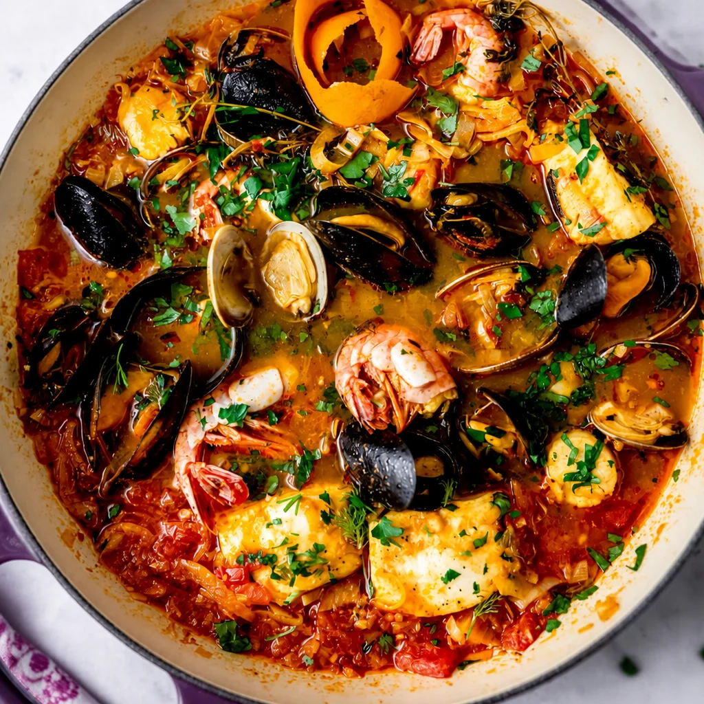 A bowl of Easy Bouillabaisse, a fragrant French seafood stew with vibrant colors and fresh ingredients.
