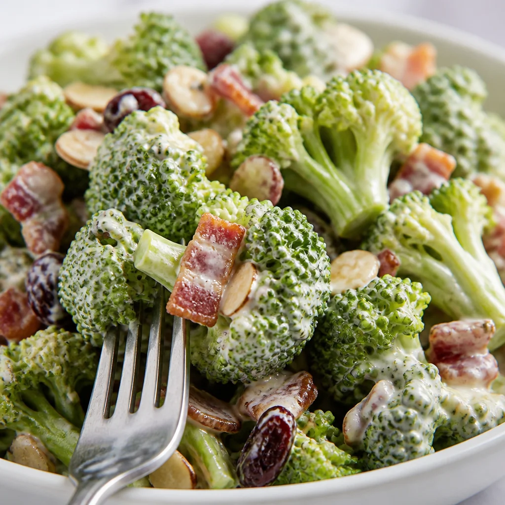 Delicious Easy Broccoli Salad with Bacon and sweet creamy dressing in a bowl