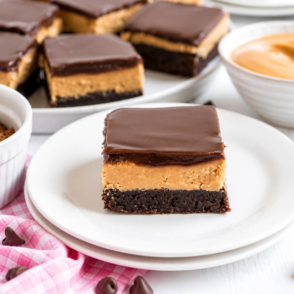 Delicious Easy Buckeye Brownies topped with creamy peanut butter and chocolate.