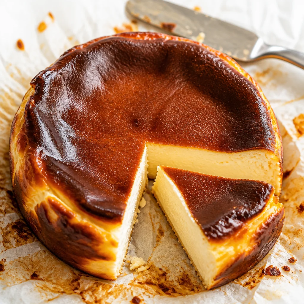Delicious crustless burnt Basque cheesecake with caramelized top and creamy center.