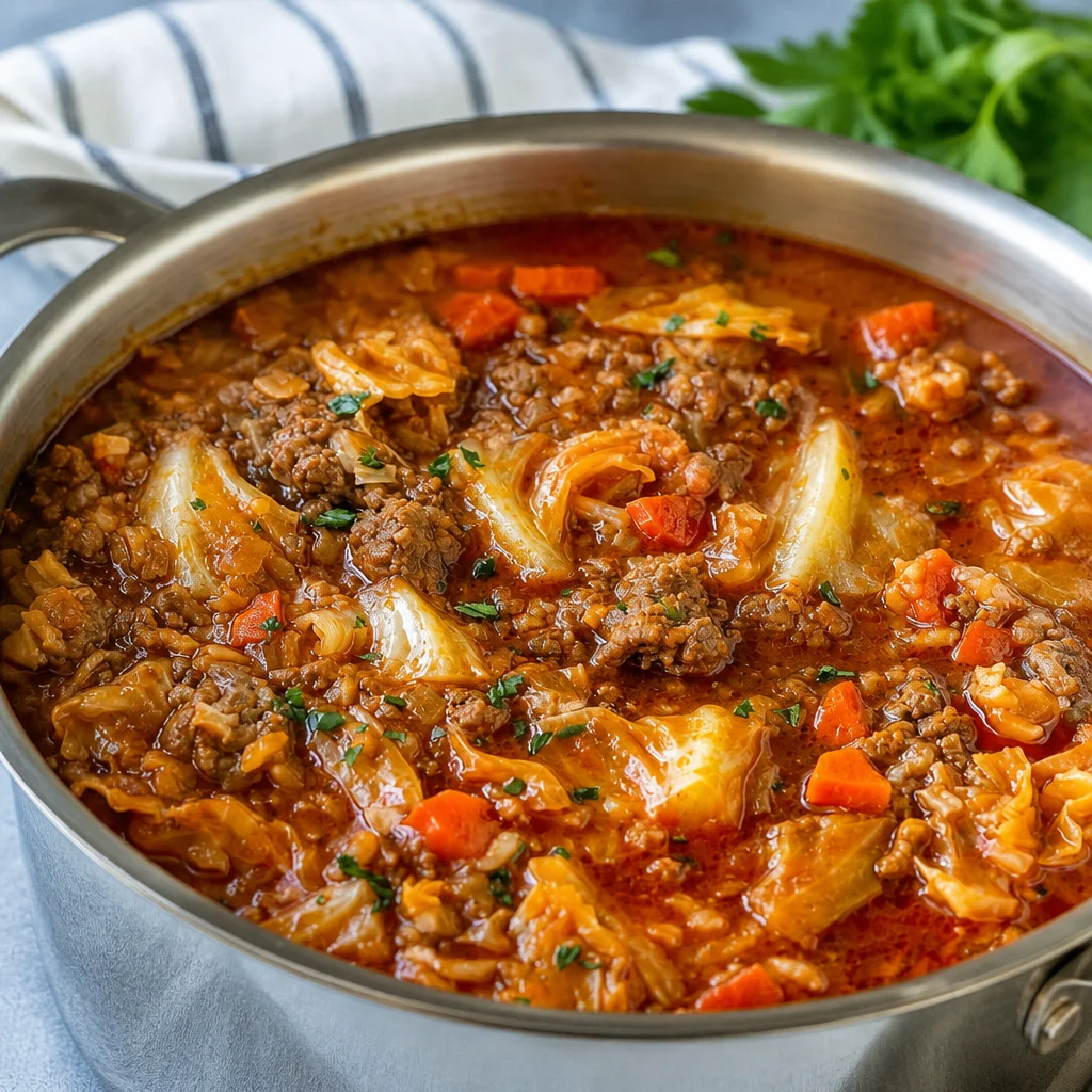 Delicious Easy Cabbage Roll Soup in a one-pot dish with ground beef and vegetables.