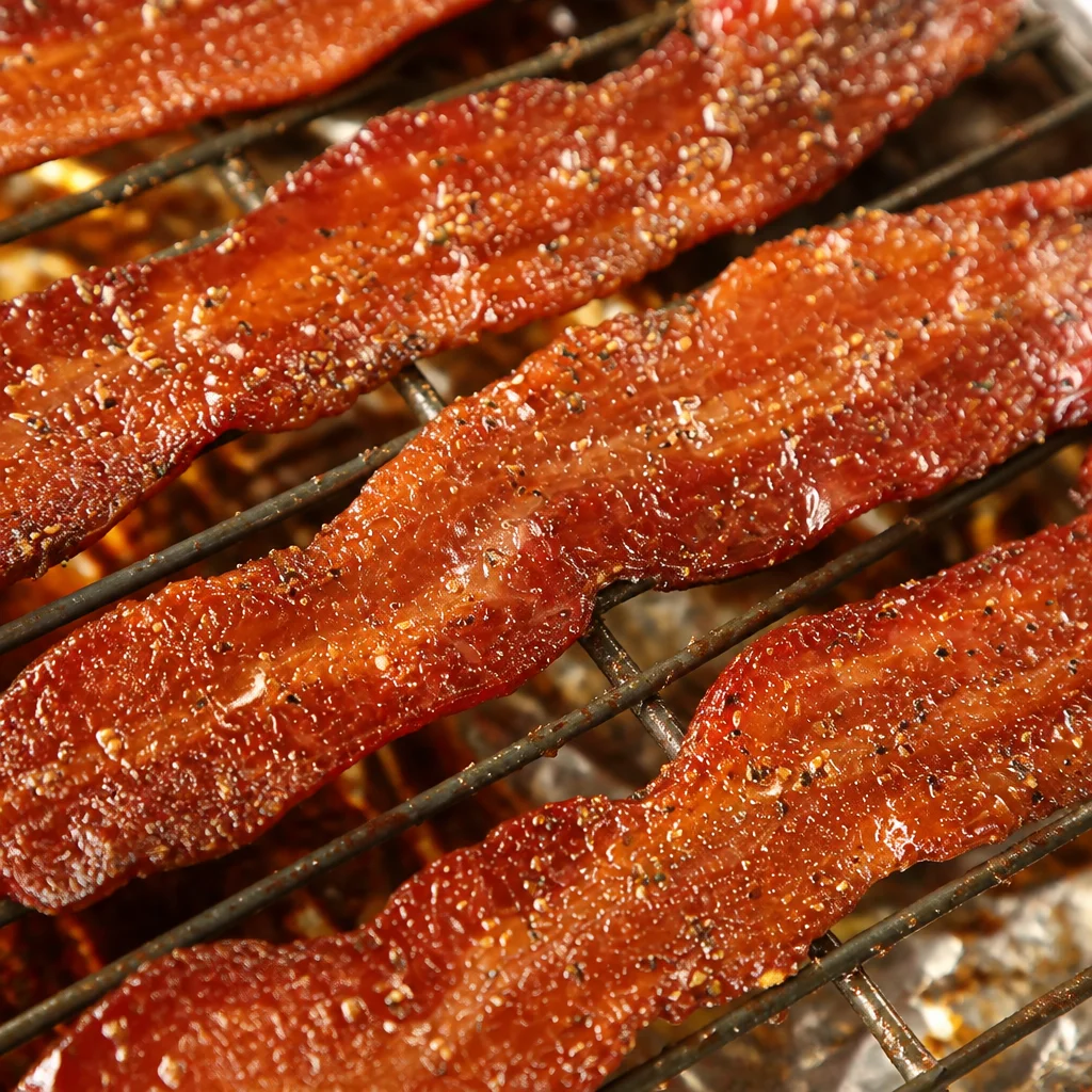 Delicious Easy Candied Bacon garnished with brown sugar, ready to serve as a snack or appetizer.