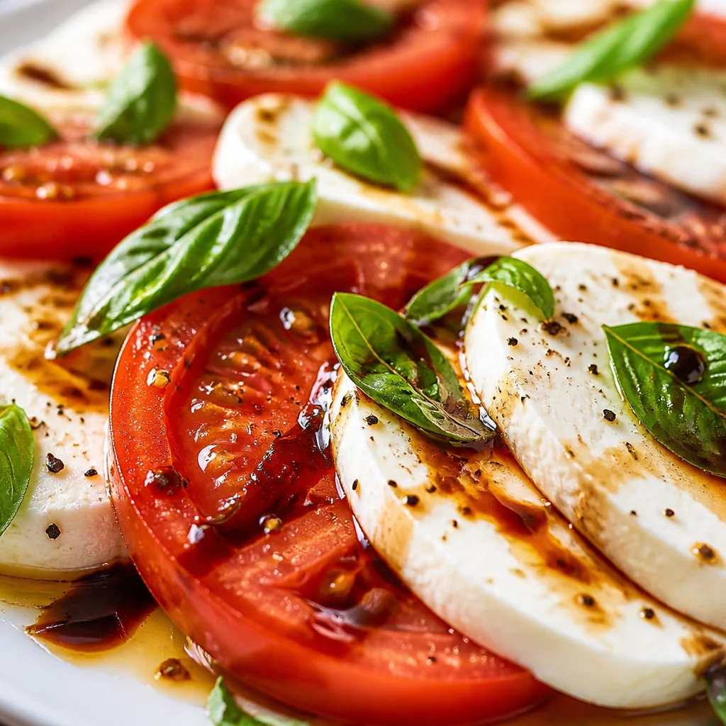 Easy Caprese salad with fresh tomatoes, mozzarella balls, basil, and balsamic glaze.