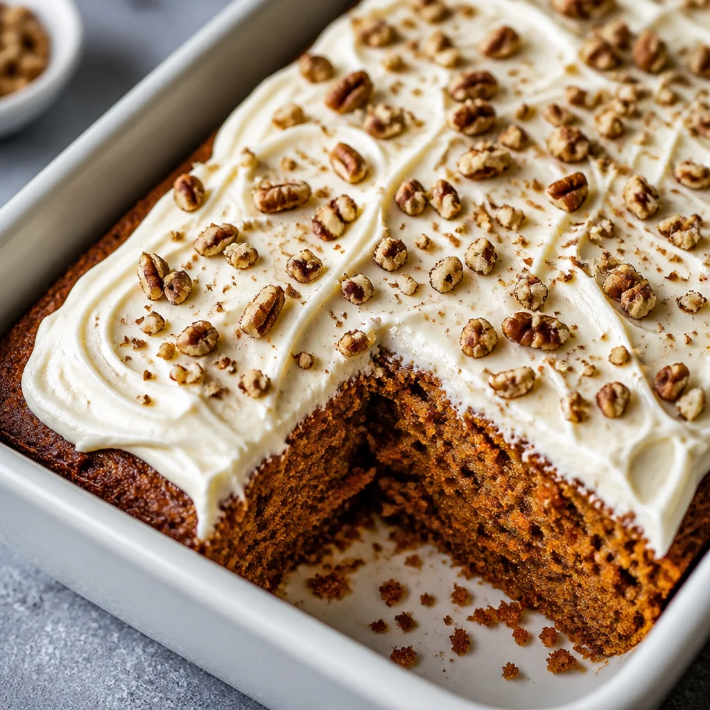 Moist and delicious Easy Carrot Cake with Cream Cheese Frosting topped with pecans.