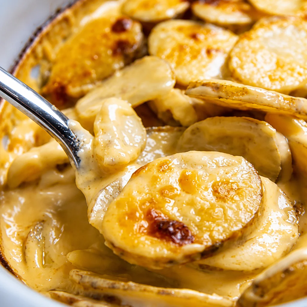 A dish of Easy Cheesy Scalloped Potatoes layered with cheese and creamy sauce.