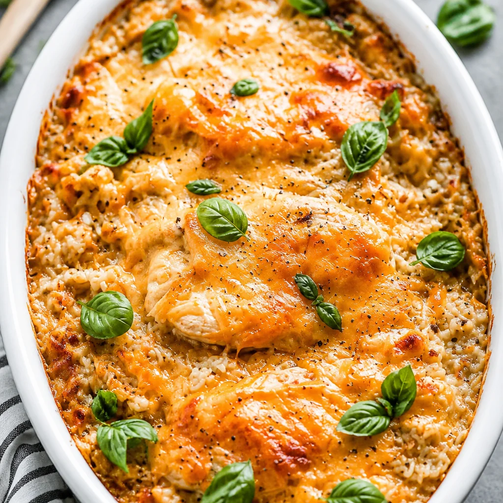 Creamy Easy Chicken and Rice Casserole in a single pan ready to serve
