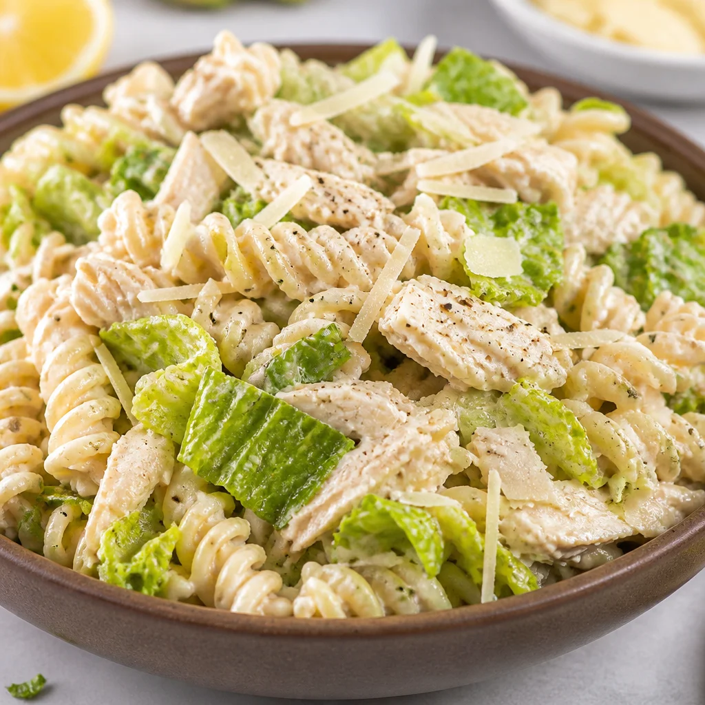 Delicious Easy Chicken Caesar Pasta Salad with homemade dressing and fresh ingredients.