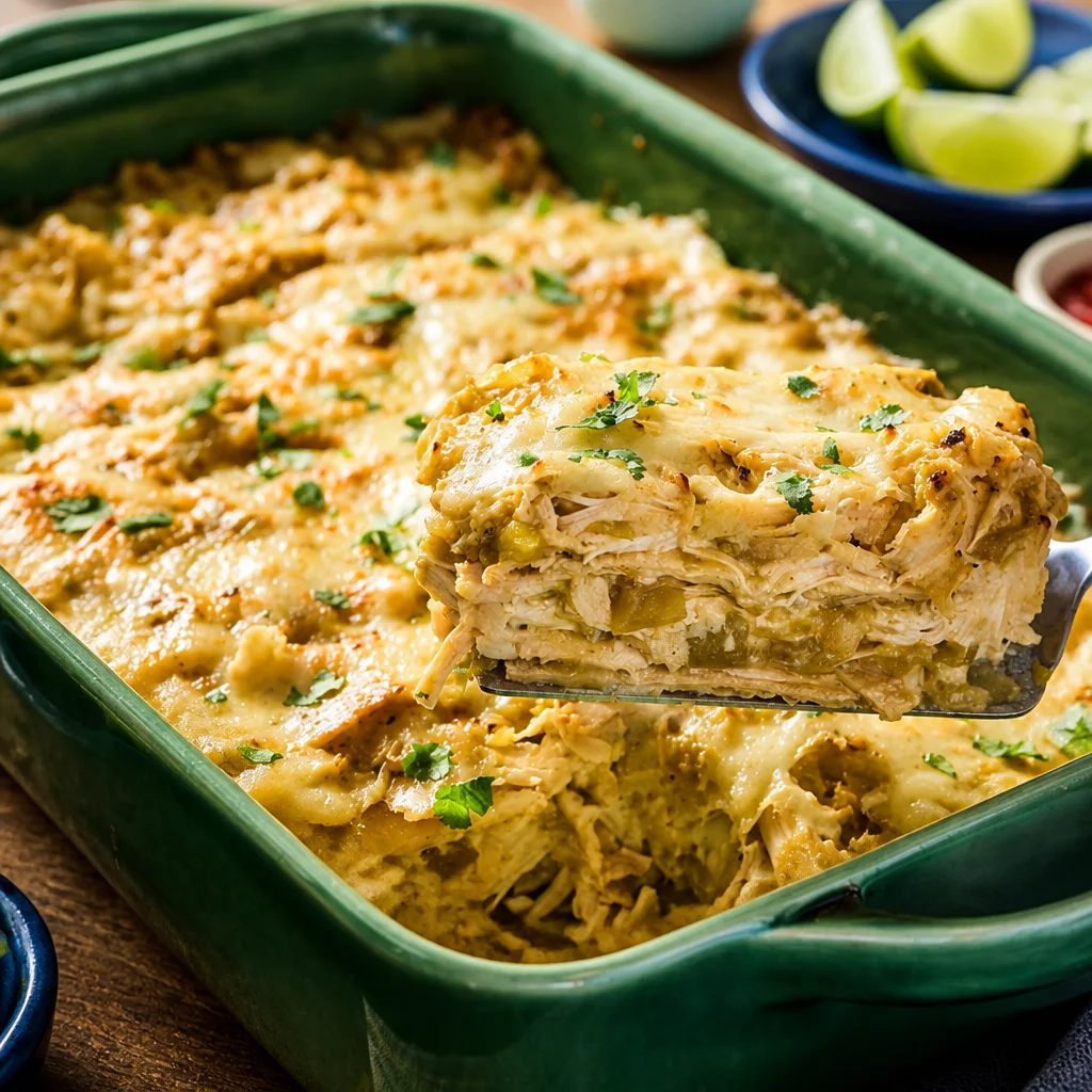 Easy Chicken Enchilada Casserole with tortillas, chicken, and melty cheese