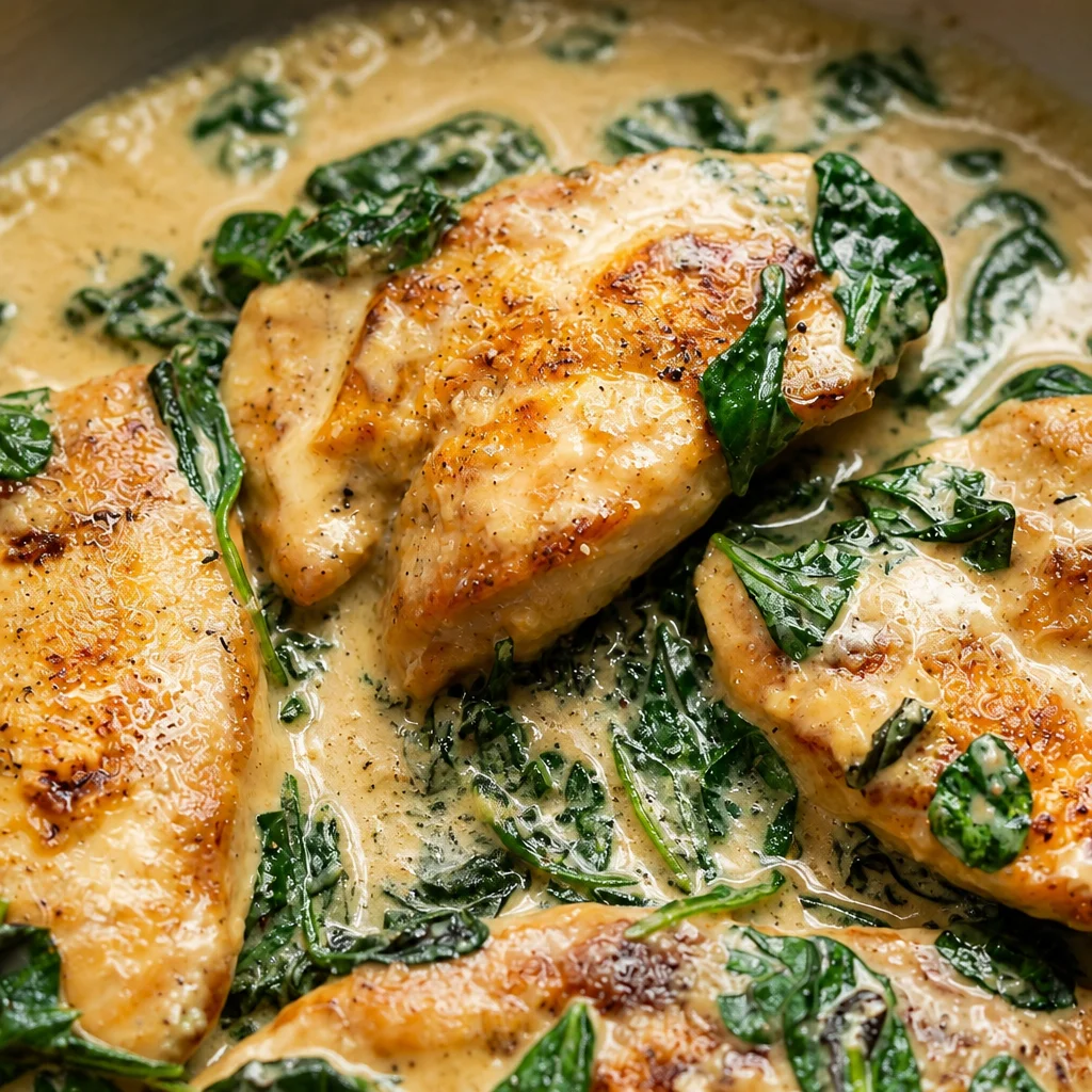 Easy Chicken Florentine with creamy spinach sauce and tender chicken in a skillet