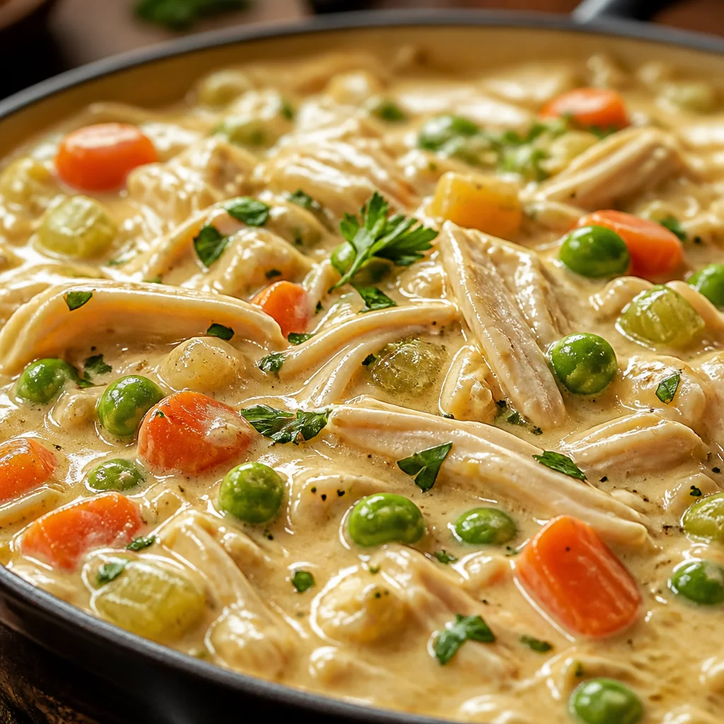 Creamy Easy Chicken Pot Pie Soup served in a bowl, showcasing vegetables and chicken.