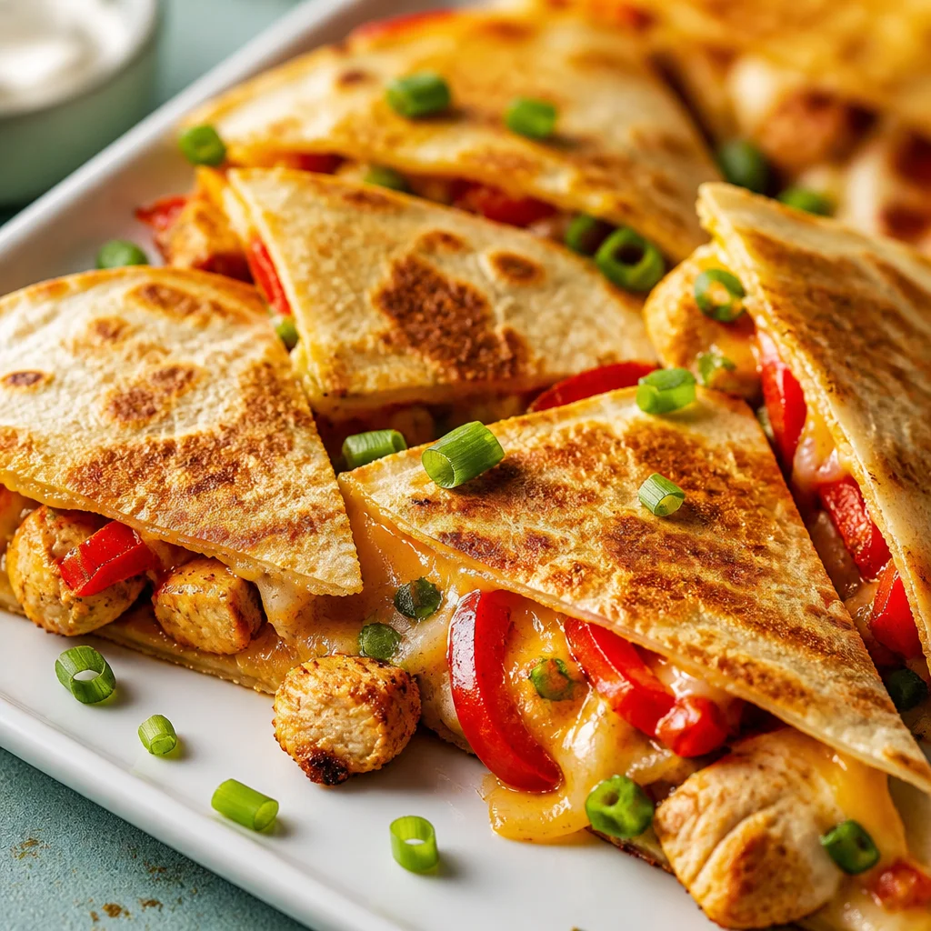 Crispy skillet chicken quesadilla with melted cheese and juicy chicken on a wooden cutting board.