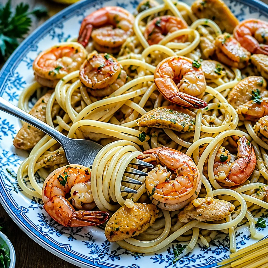 Delicious Easy Chicken Scampi with garlic butter pasta served in a vibrant dish.