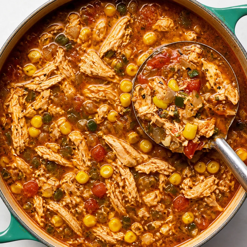 A bowl of Easy Chicken Tortilla Soup with chicken, tortilla strips, and creamy avocado.