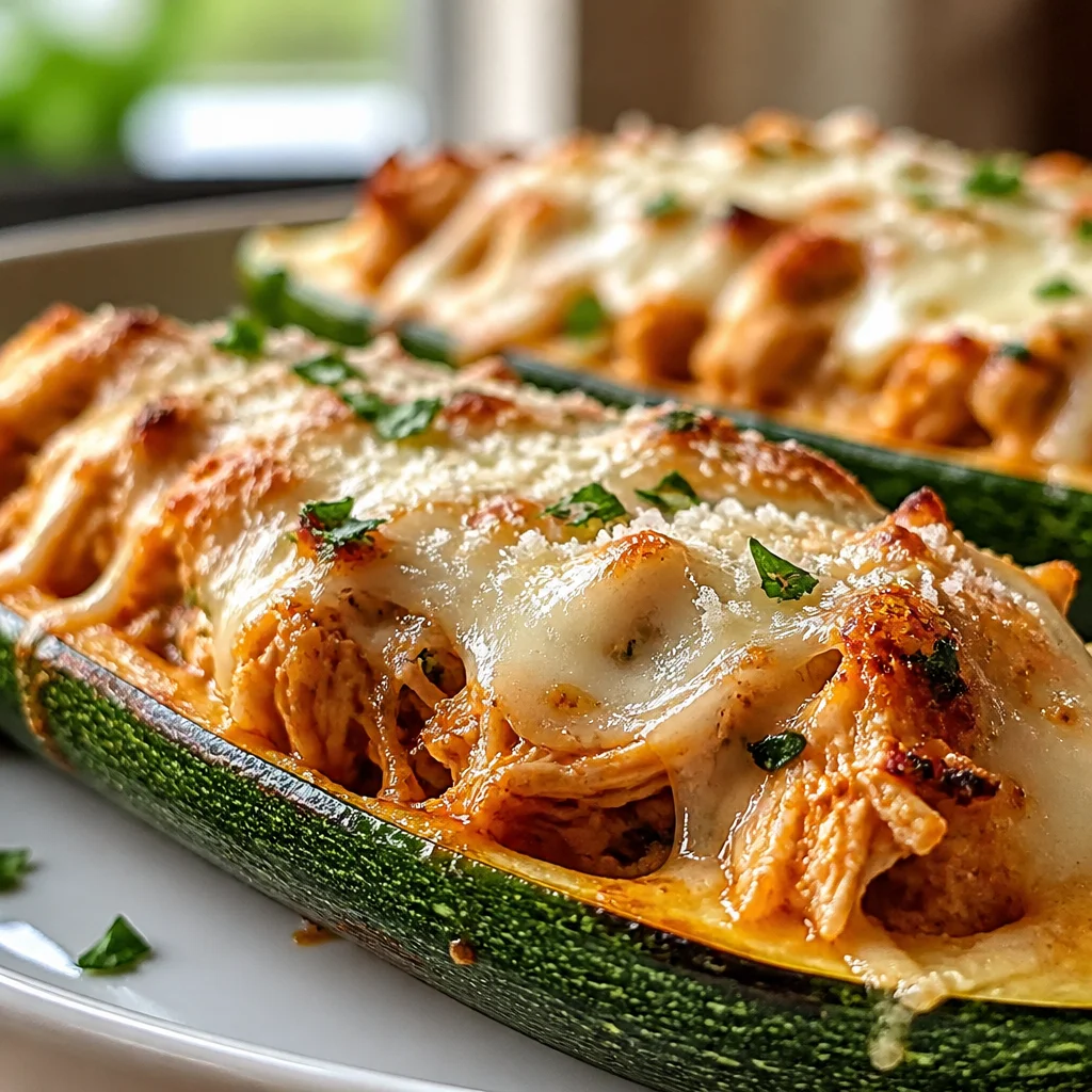 Easy Chicken Zucchini Boats stuffed with chicken, marinara, mozzarella, and cheese