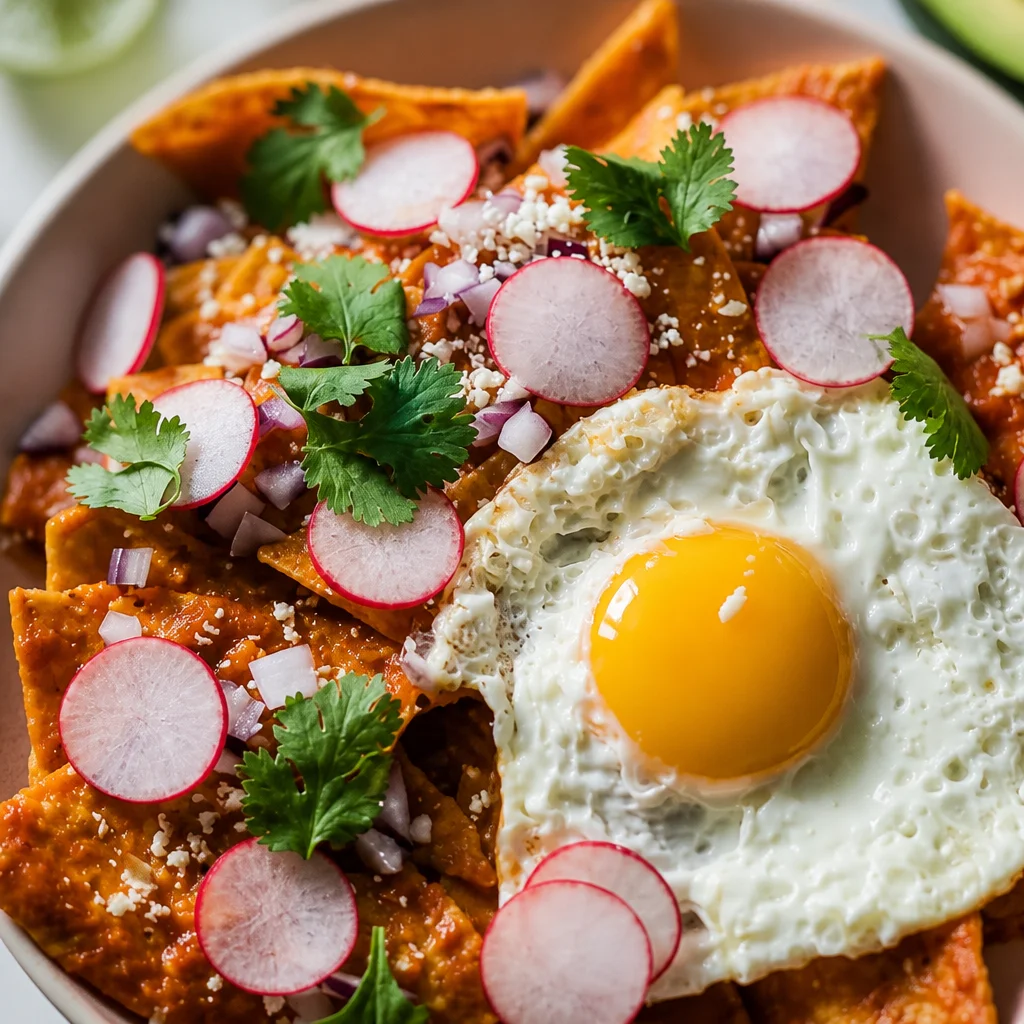 Delicious Easy Chilaquiles with red salsa, crispy tortilla chips, and fried eggs.