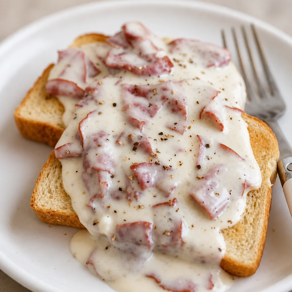 Delicious serving of Easy Chipped Beef on Toast topped with creamy white sauce.