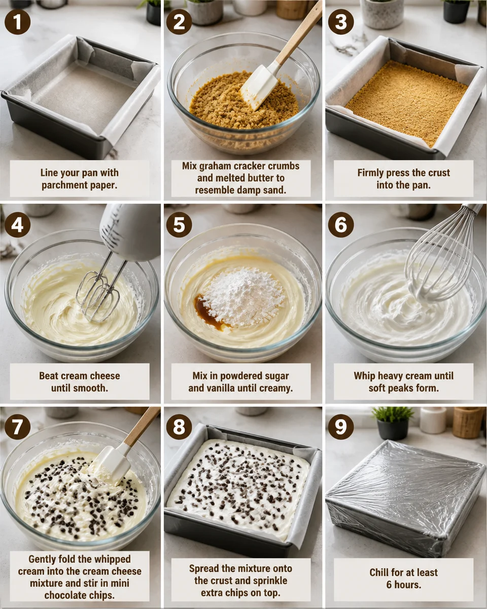 Easy Chocolate Chip Cheesecake Bars — No Bake Dessert