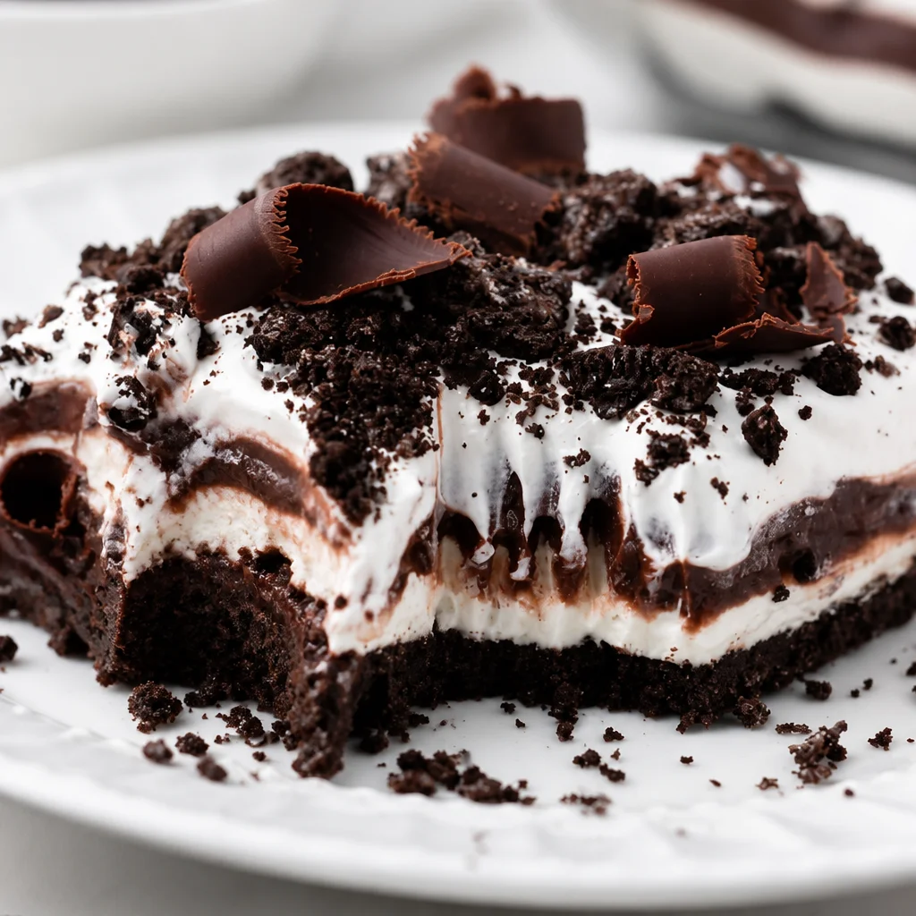Easy Chocolate Lasagna layered dessert with Oreo crust, cream cheese, and whipped cream.