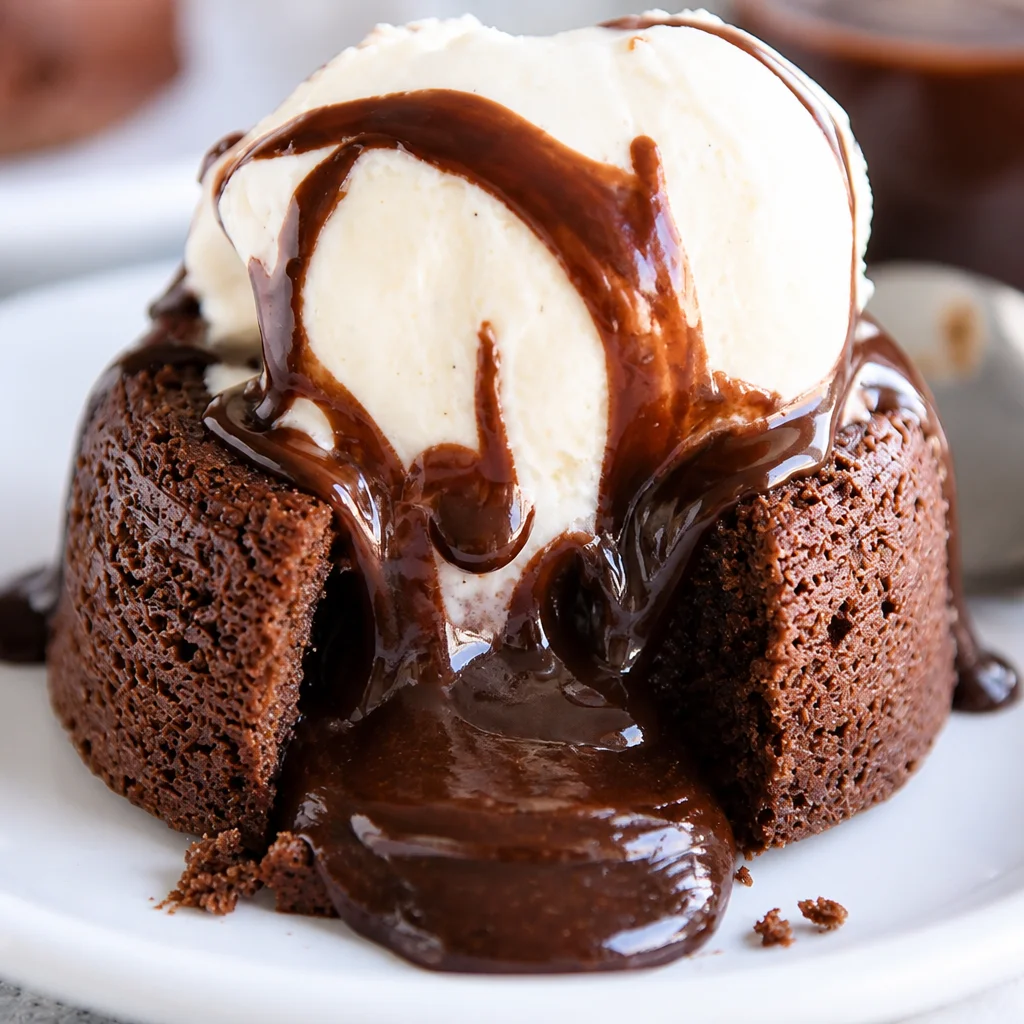 Delicious Easy Chocolate Lava Cake with a gooey molten center served with ice cream