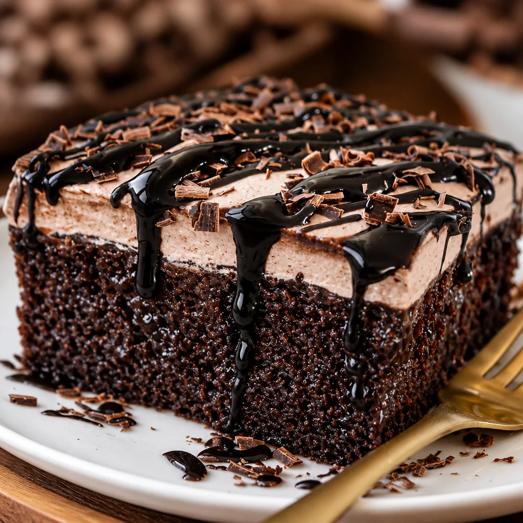 Delicious Easy Chocolate Poke Cake topped with chocolate pudding and whipped cream.