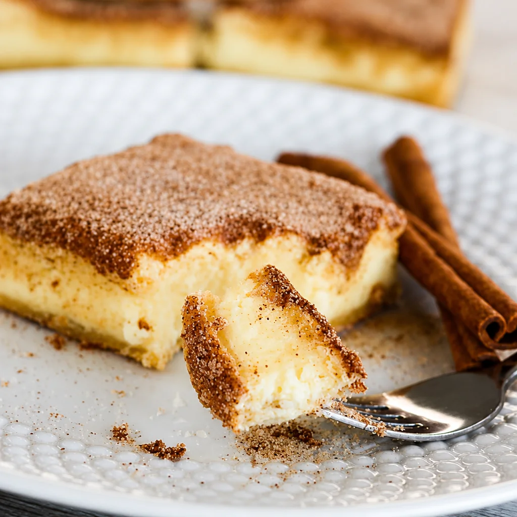 Easy Churro Cheesecake Bars with cinnamon sugar and creamy filling