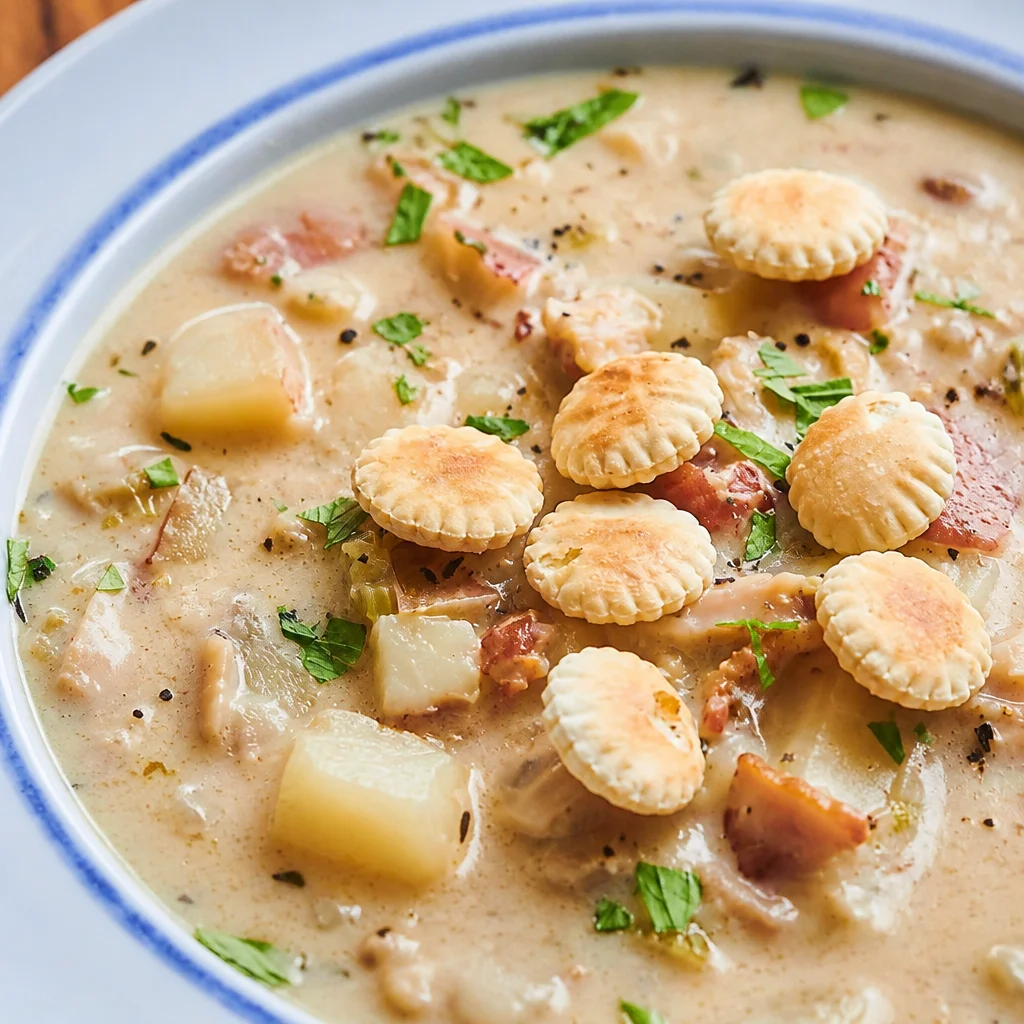 Bowl of Easy Clam Chowder Recipe - Creamy New England Style with clams and potatoes.
