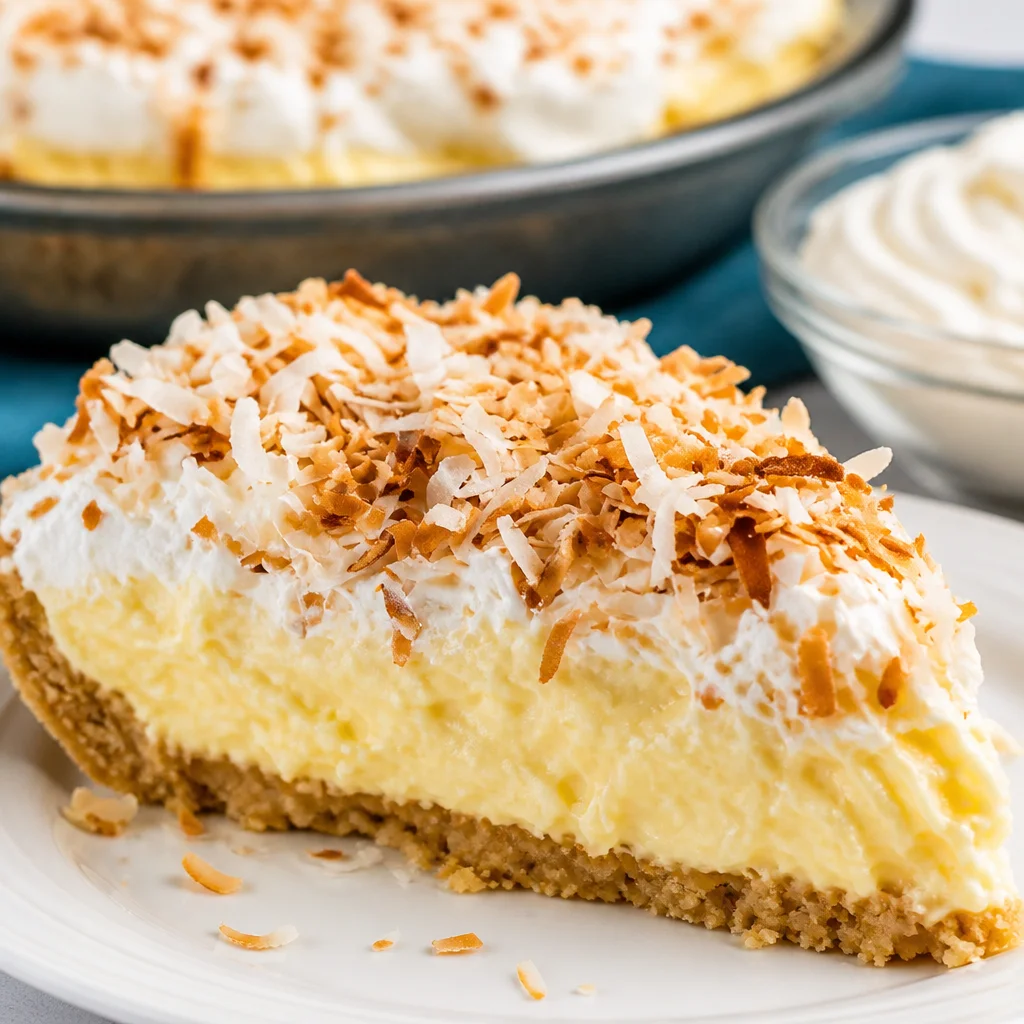 Slice of Easy Coconut Cream Pie with no bake filling on a plate