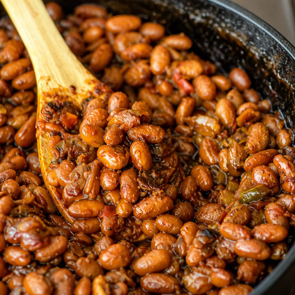 Bowl of Easy Cowboy Beans—Smoky Sweet BBQ Side Dish with bacon and beans.