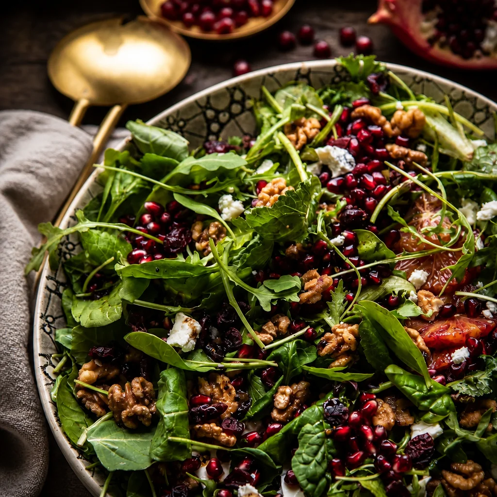 Colorful Easy Cranberry Walnut Salad with greens, cranberries, and walnuts in a festive bowl.