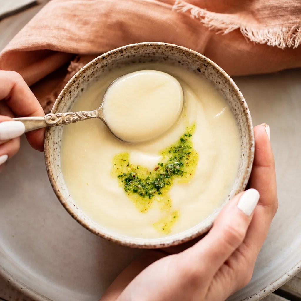 Bowl of easy creamy cauliflower soup, velvety texture, garnished with herbs.