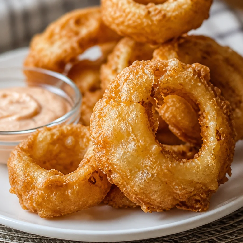 Easy crispy onion rings beer battered fried served with a dipping sauce