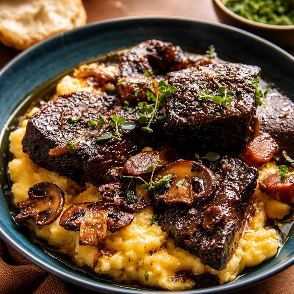 Delicious Easy Crockpot Beef Short Ribs braised in red wine with rich gravy