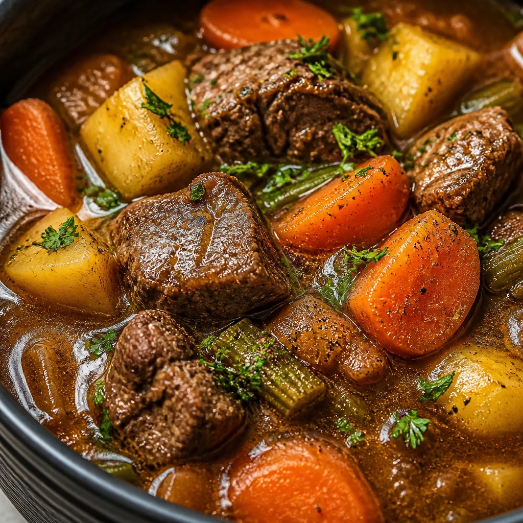 Delicious Easy Crockpot Beef Stew with tender beef, vegetables, and rich gravy in a slow cooker.